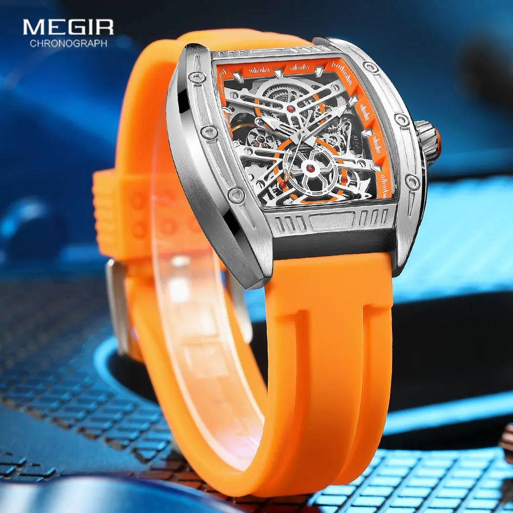 MEGIR Fashion Orange Automatic Watches for Men Military Sport Waterproof Tonneau Dial Mechanical Wristwatch with Silicone Strap