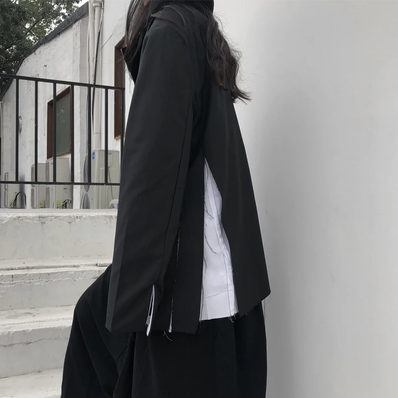 Tannt Women Blazer Asymmetry Split Color Matching Black Chic And Elegant Woman Jacket Irregular Loose Casual Long Oversize Coats