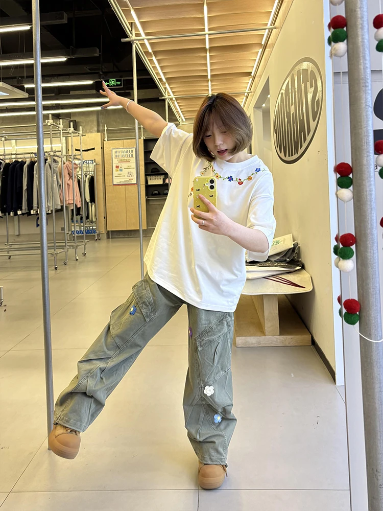 

Американские джинсы унили с вышивкой в стиле ретро, женские летние дизайнерские свободные прямые широкие брюки с зонтиком, высокая талия