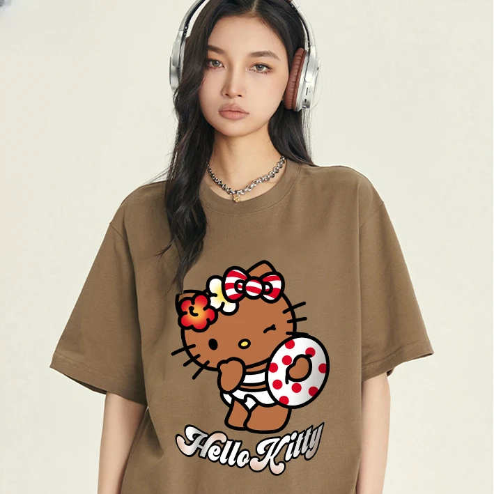 HelloKitty American Vintage Fashion T-shirt Holiday Swimming Circle Cute Kitty Short Sleeve Half Sleeve Casual Summer Streetwear