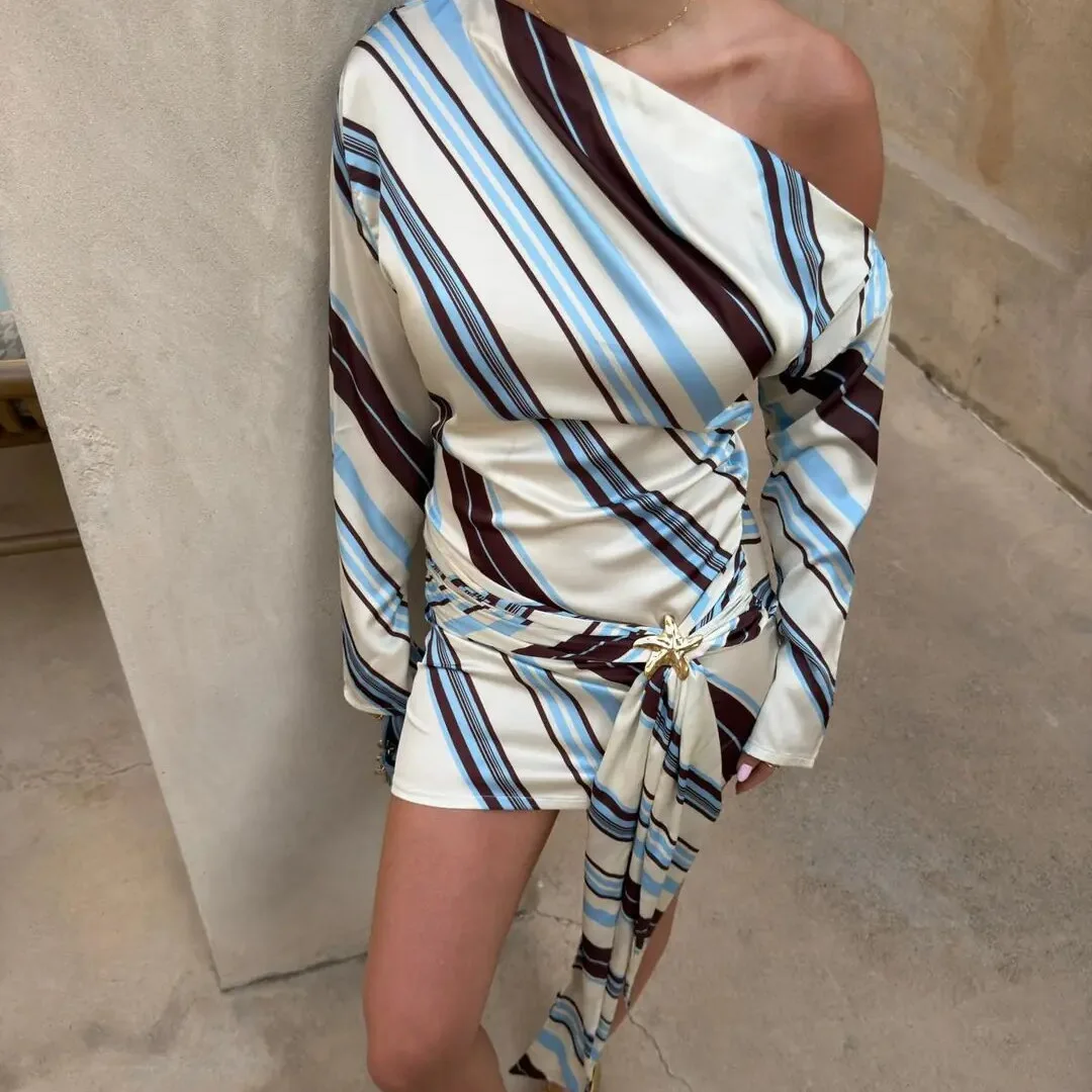 

New European and American style printed striped ribbon dress, satin sexy off-the-shoulder bodycon skirt