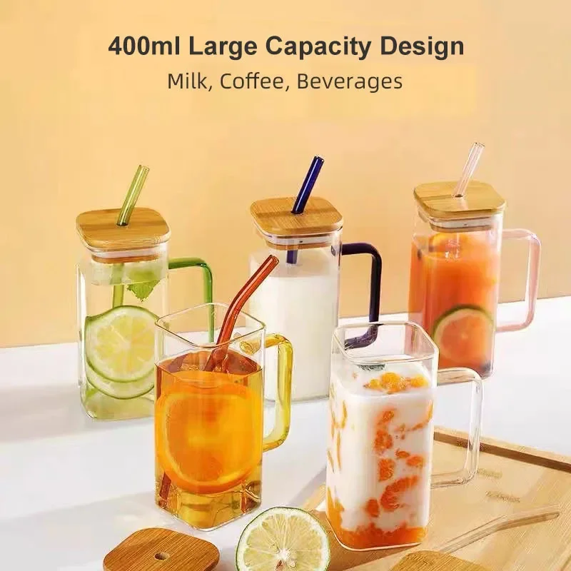 400ml Square Glass Mug With Lid And Straw Breakfast Milk Cup Microwave Safe Transparent Party Beer Coffee Mug Drinkware Glass