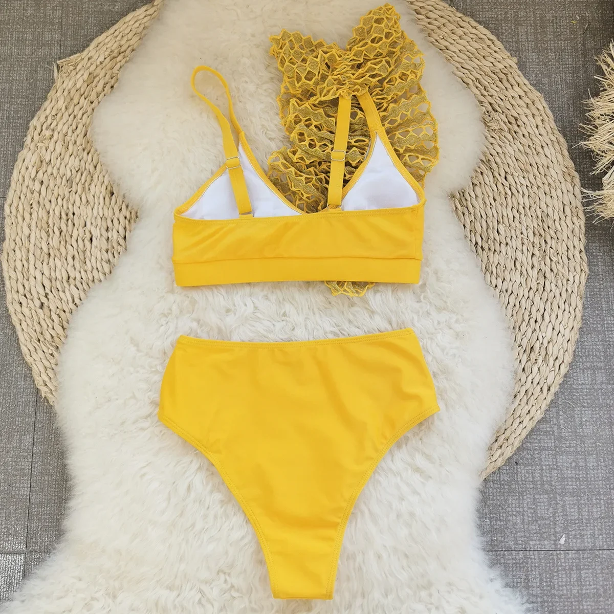 Gonna vintage in rete gialla Set bikini a 3 pezzi Costume da bagno donna con volant push up a vita alta 2025 Costume da bagno da spiaggia Costumi da bagno per le vacanze