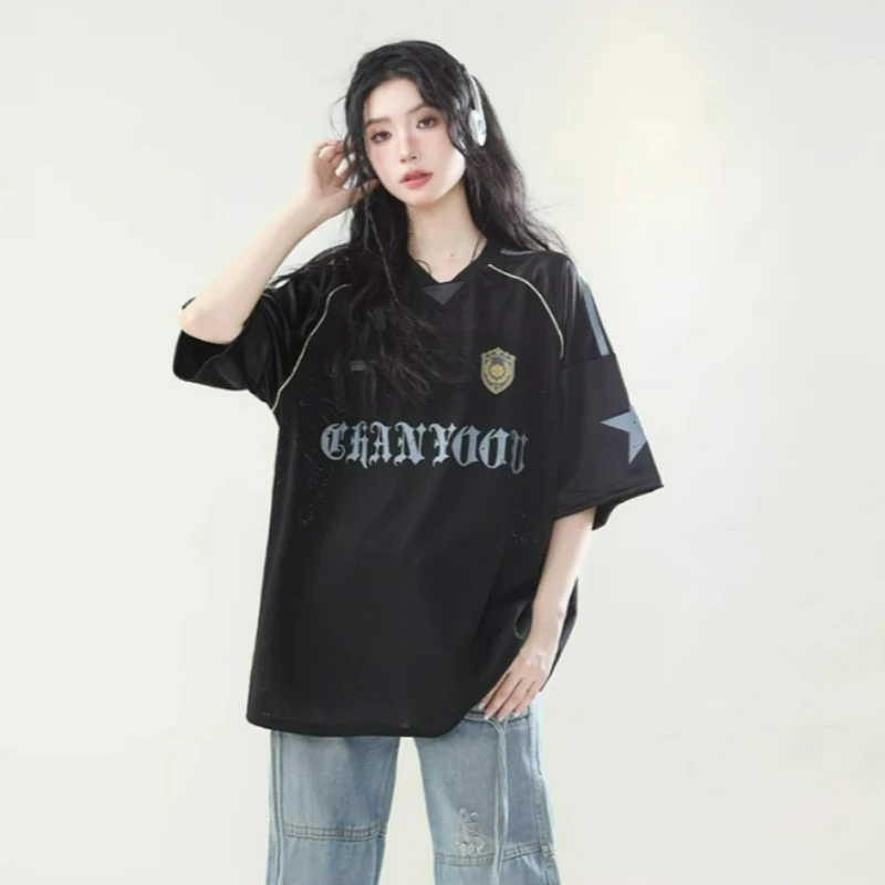 

2026 Summer New Fashionable Loose Design Top Sports Hollowed Out Breathable High Street Jersey Short Sleeved T-shirt for Women