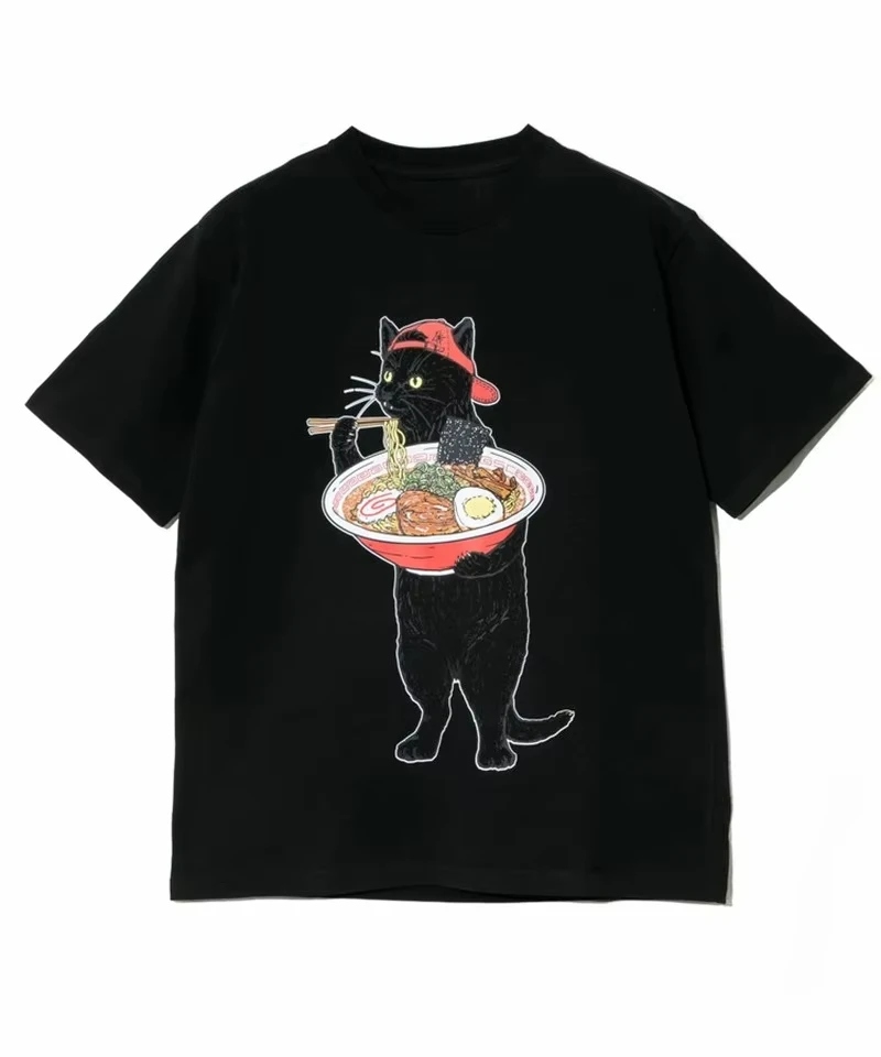 Camiseta de algodón con estampado de gato y fideos de trigo sarraceno para mujer, camiseta de marca de moda de manga corta de verano, ropa de calle informal lujosa