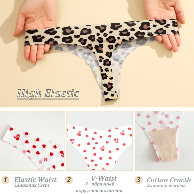 4PCS/Set Ice Silk Seamless Panties Sexy V Waist G-String Thong T-Back Female Breathable Underwear Leopard Friut Pattern Lingerie