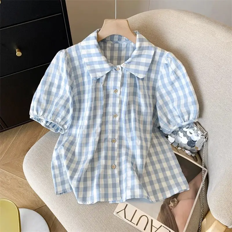 

Summer Casual Korean Fashion Loose Buttons Single Breasted Plaid Short Sleeve Youth Lively Bright Easy Close to the People Wild