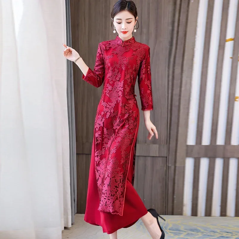 

Red Wine Long Wedding Qipao Women Oriental Slim Modern Retro Party Cheongsam Chinese Traditional Dress Elegant China Clothes 4XL