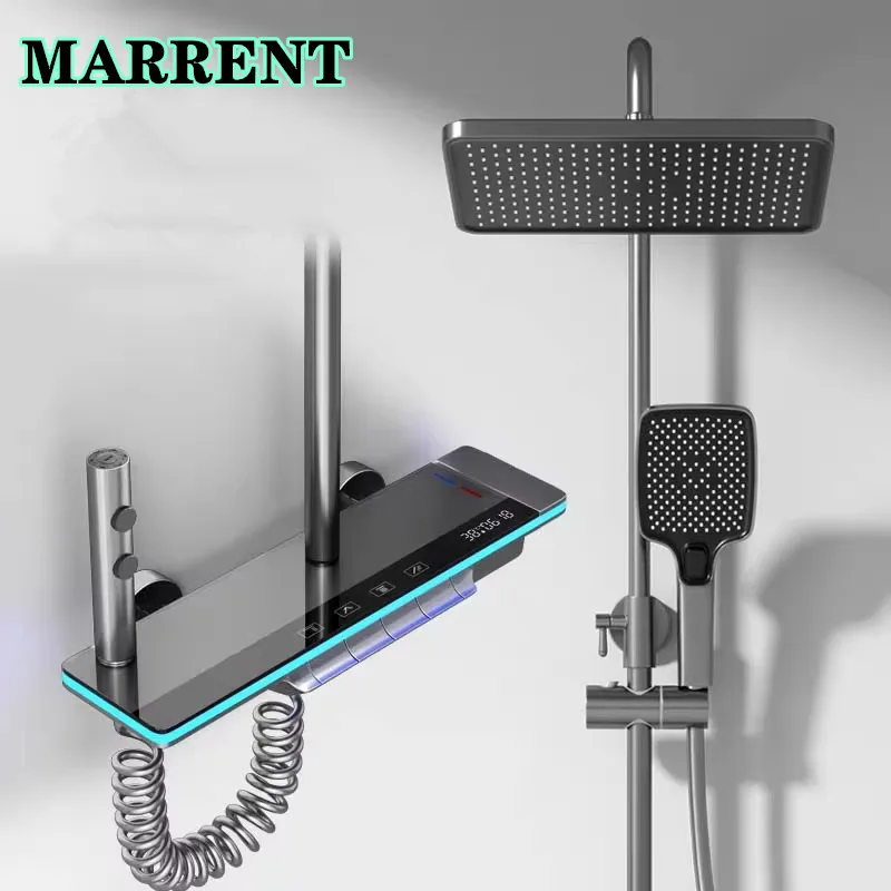 LED Light Bathroom Shower System with ABS Shower Head Set Brass Gunr Grey Bathtub Faucet Digital Display Hot & Cold Showers