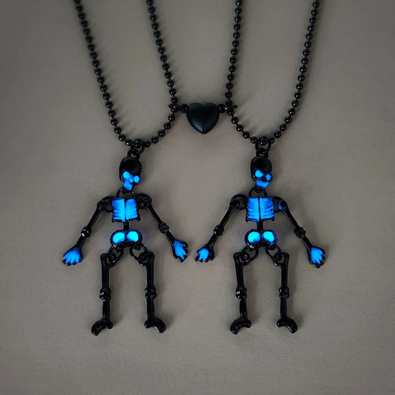 ฮาโลวีน Luminous Skeleton จี้สร้อยคอ Punk ผู้หญิง Man หัวใจแม่เหล็กคู่สแตนเลสเครื่องประดับของขวัญ Party