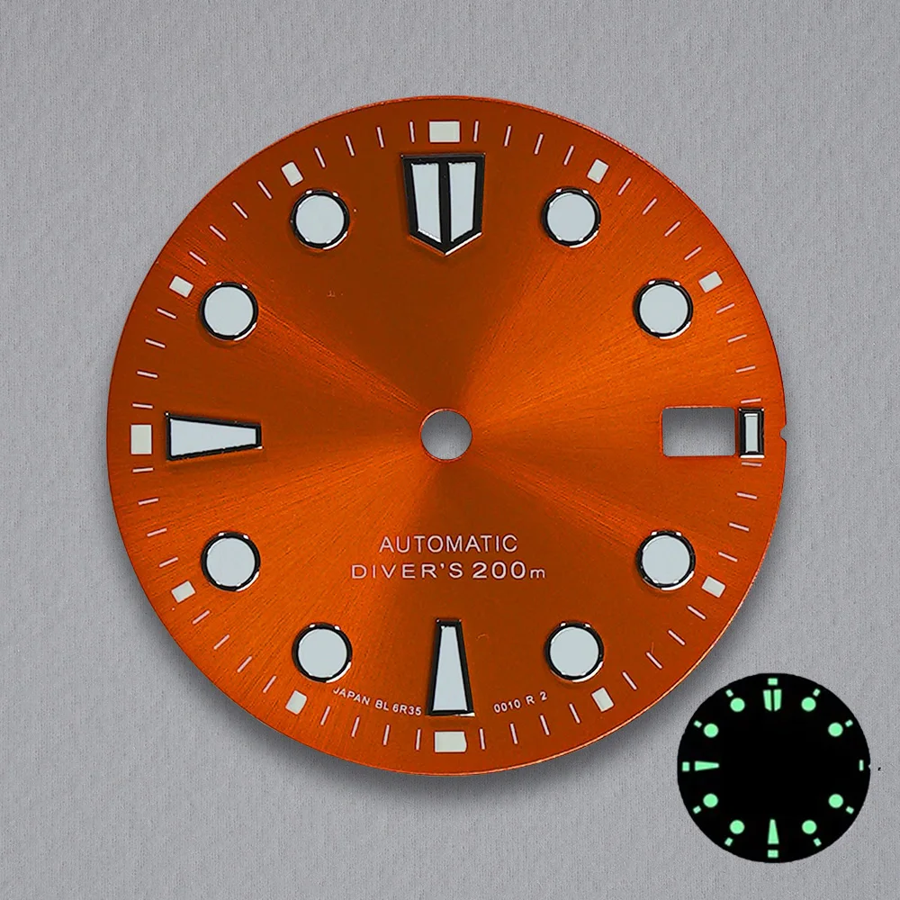 Esfera con logotipo S de 28,5mm adecuada para movimiento automático japonés NH35/NH36, accesorios de modificación de reloj luminosos verdes de alta calidad