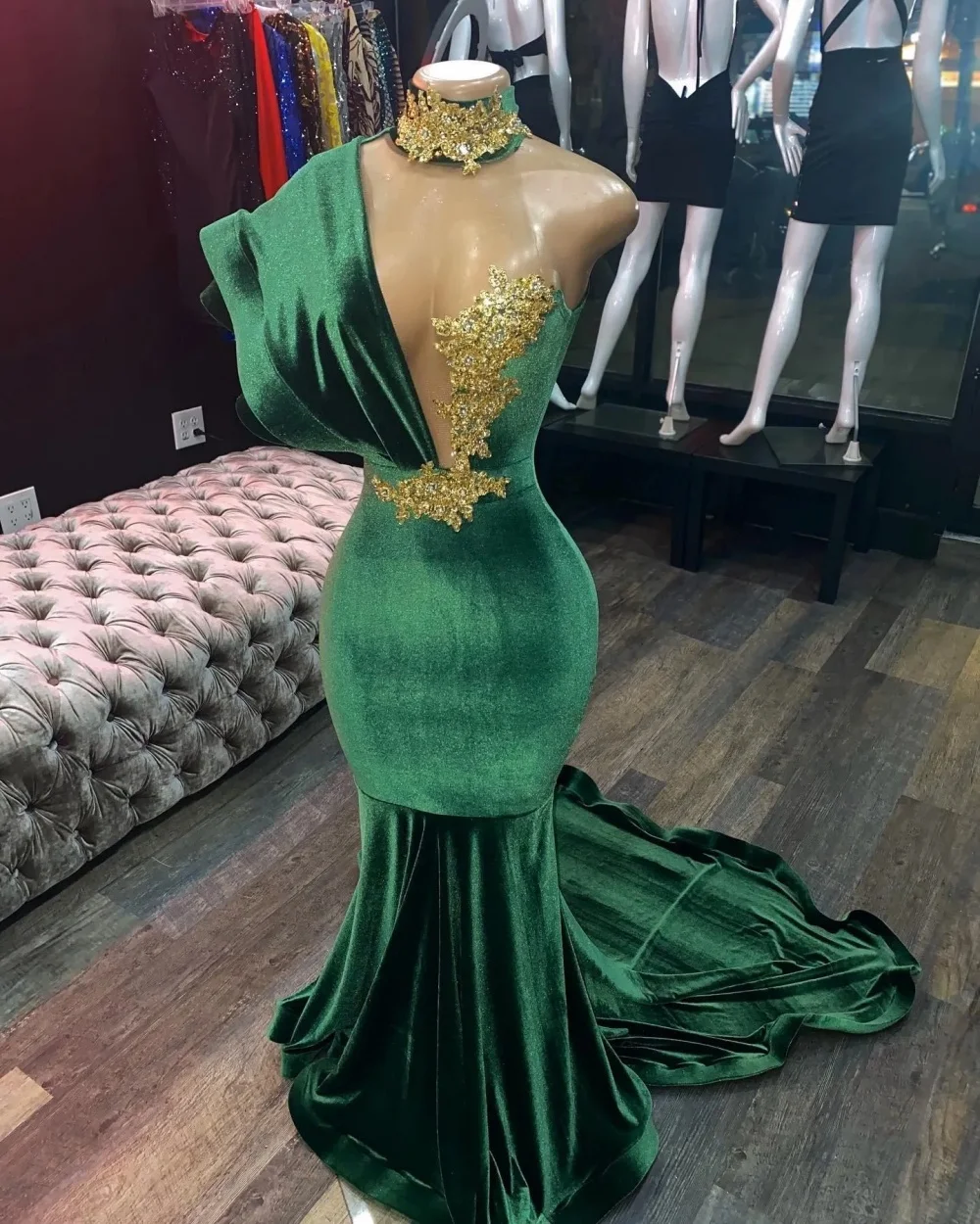 

New Women Green Prom Dress Sheer High Neck Lace Appliques Mermaid Velour Floor-Length Special Evening Dress Cocktial Party Dress