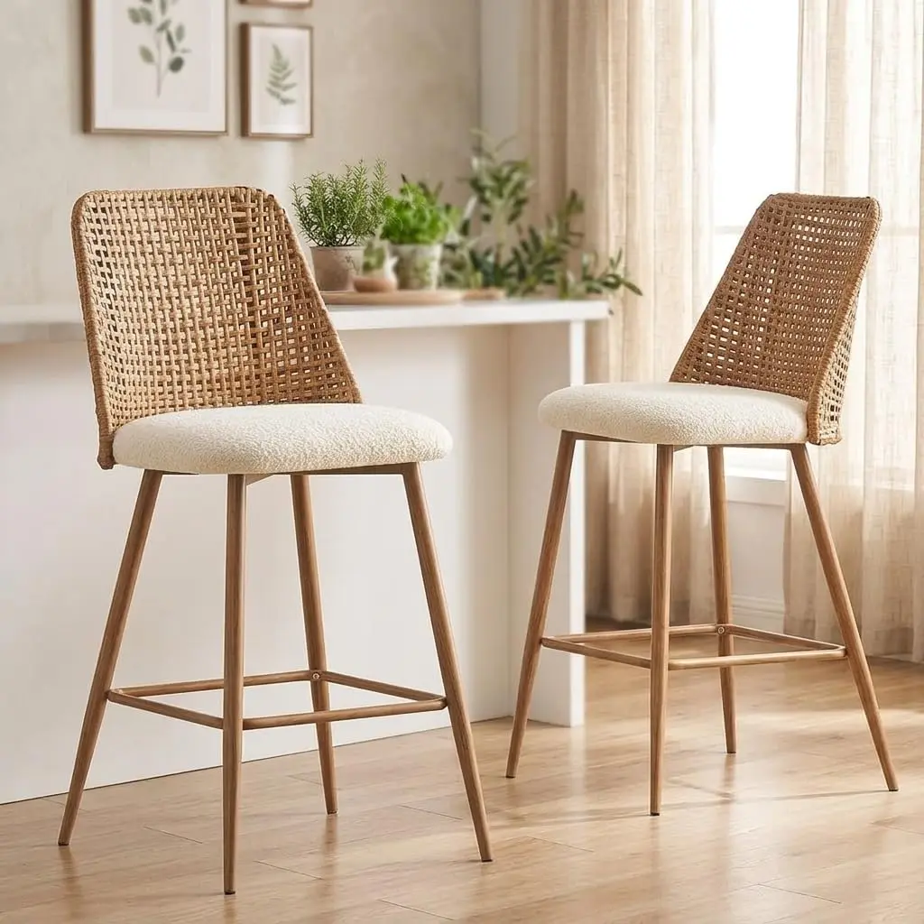 Boucle Fabric Rattan Counter Stool Set 2, 26