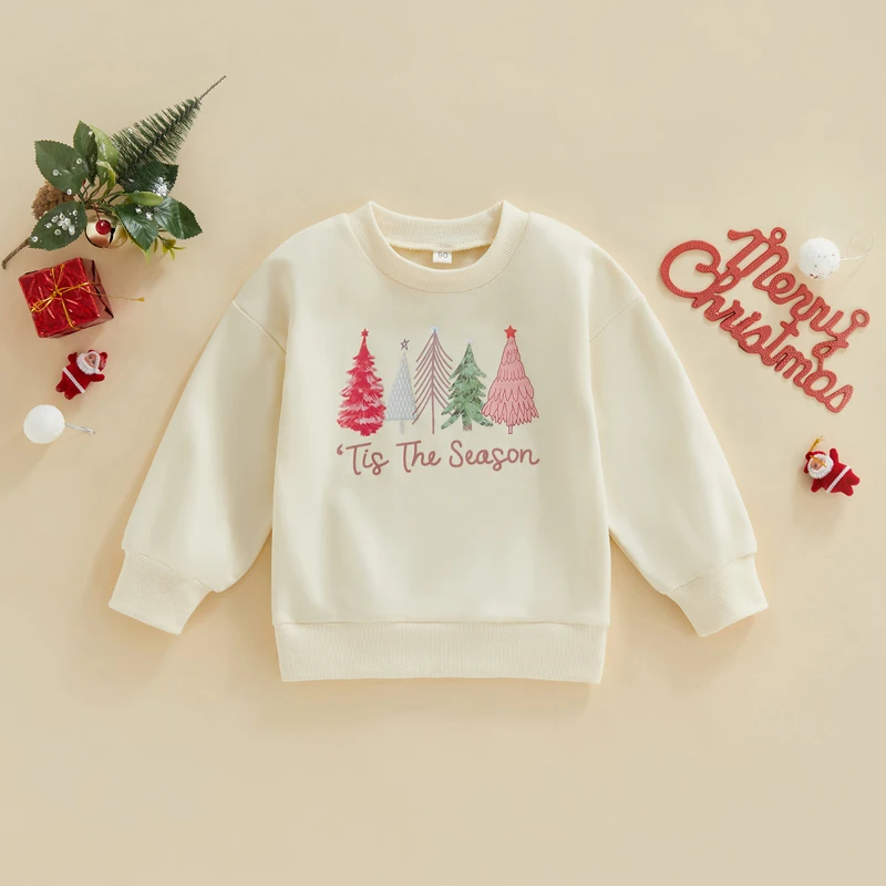 Toddler Baby Christmas Outfit Girl Boy Crewneck Sweatshirt Christmas Tree Print Long Sleeve Sweatshirts Winter Xmas Clothes