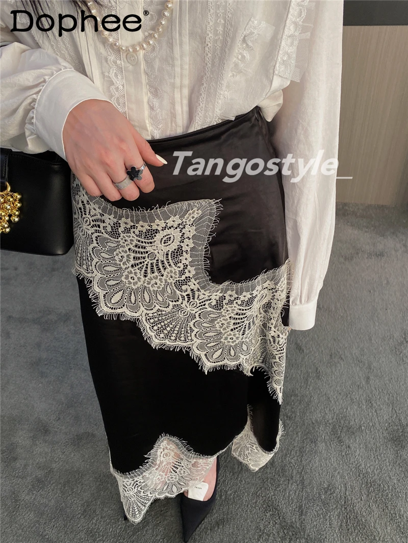 

High-End Retro Satin Surface Lace Stitching Skirt Women 2024 Summer New Court Style Temperament High Waist Midi Skirts Female