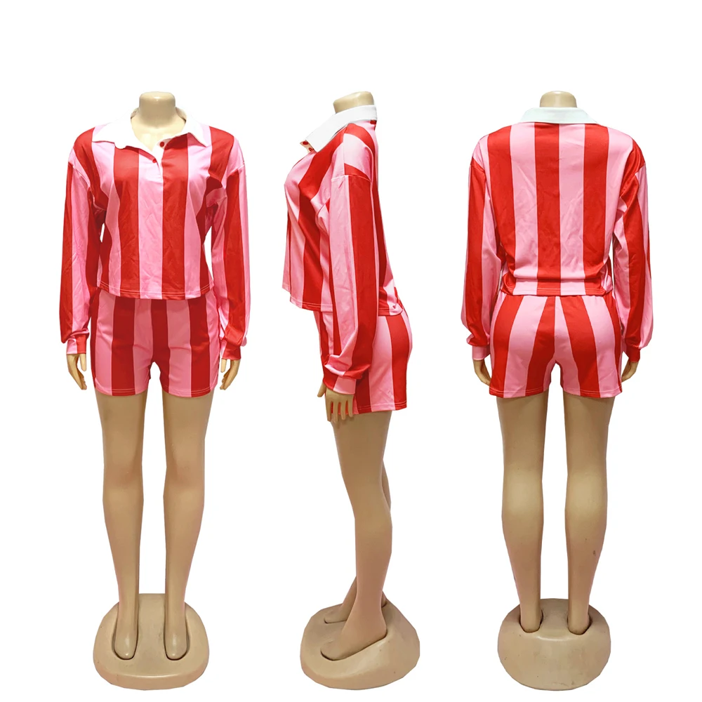 Damenbekleidung, modisch, gestreift, langärmelig, Polo-Ausschnitt, T-Shirt und Shorts, 2022, Frühling, Sommer, 2-teiliges Set, Trainingsanzug – Detail 16