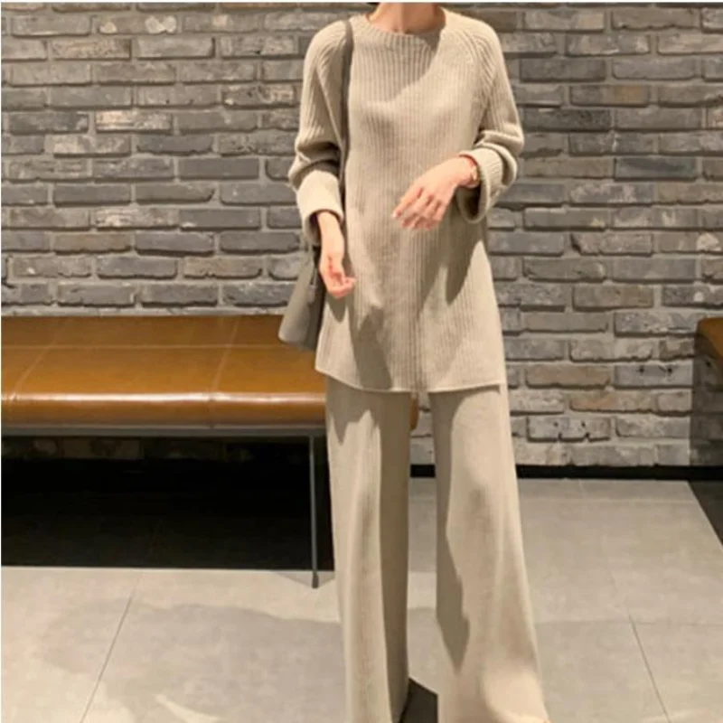 Autumn Winter Korean Knitted Sweater Two-Piece Set Women Turtleneck Top Warm Thick Female Casual Pullover Tracksuits Pants Suits
