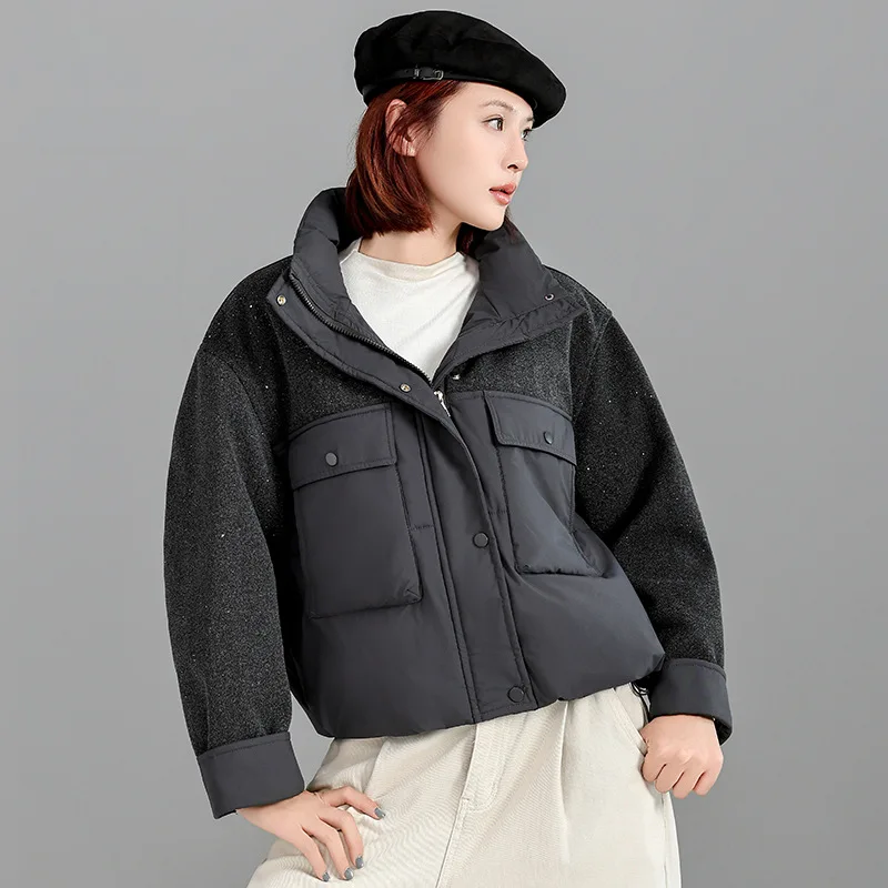 أنيقة الترتر الوقوف طوق سترات قصيرة المرأة شعبية المرقعة جيب كبير الشتاء سترة رشاقته الدافئة سستة معطف مبطّن بالقطن