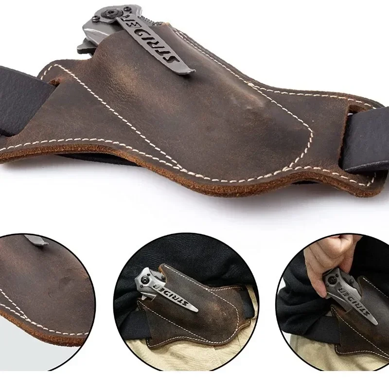 Folding Knife Waist Belt Clip Holder Pocket Anti-scratch Faux Cowhide Storage Sheath Knives Holder Waist Pack Tools for Camping