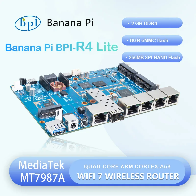 

Banana Pi BPI-R4 Lite MediaTek MT7987A 2GB DDR4 8GB eMMC 256MB SPI-NAND Smart Router Home Automation Wifi 7 Wireless Router