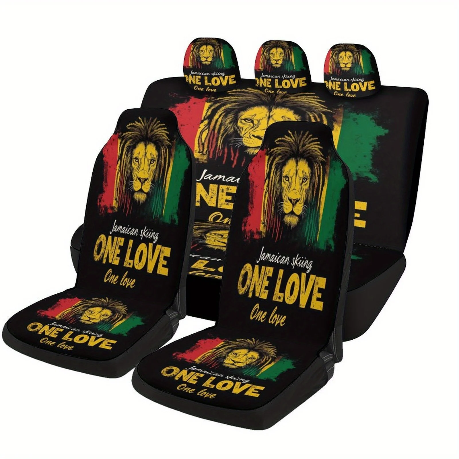 

Vintage Lion Jamaica Themed Car Seat Cover Set For Most Cars, Fashionable Personalized Novelty Full Set Protector Covers For 2 F