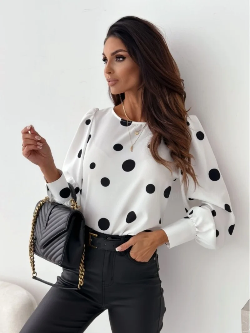 Wedifor Fashion Polka Dot Printed Women Shirts Long Sleeve O Neck Casual Blouse Black Elegant Ladies Pullover Tops Autumn Winter