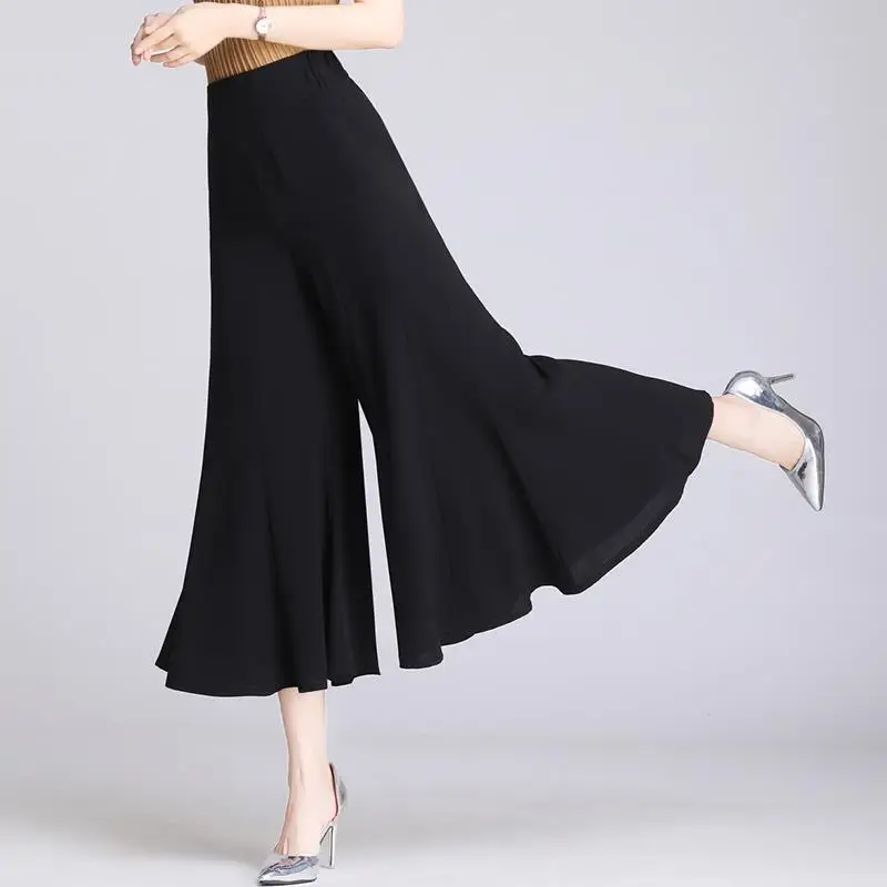 Summer New Simplicity Solid Color Elastic Waist Fish Tail Capris Femme Versatile Fashionable High Waist Loose flared pants Z418