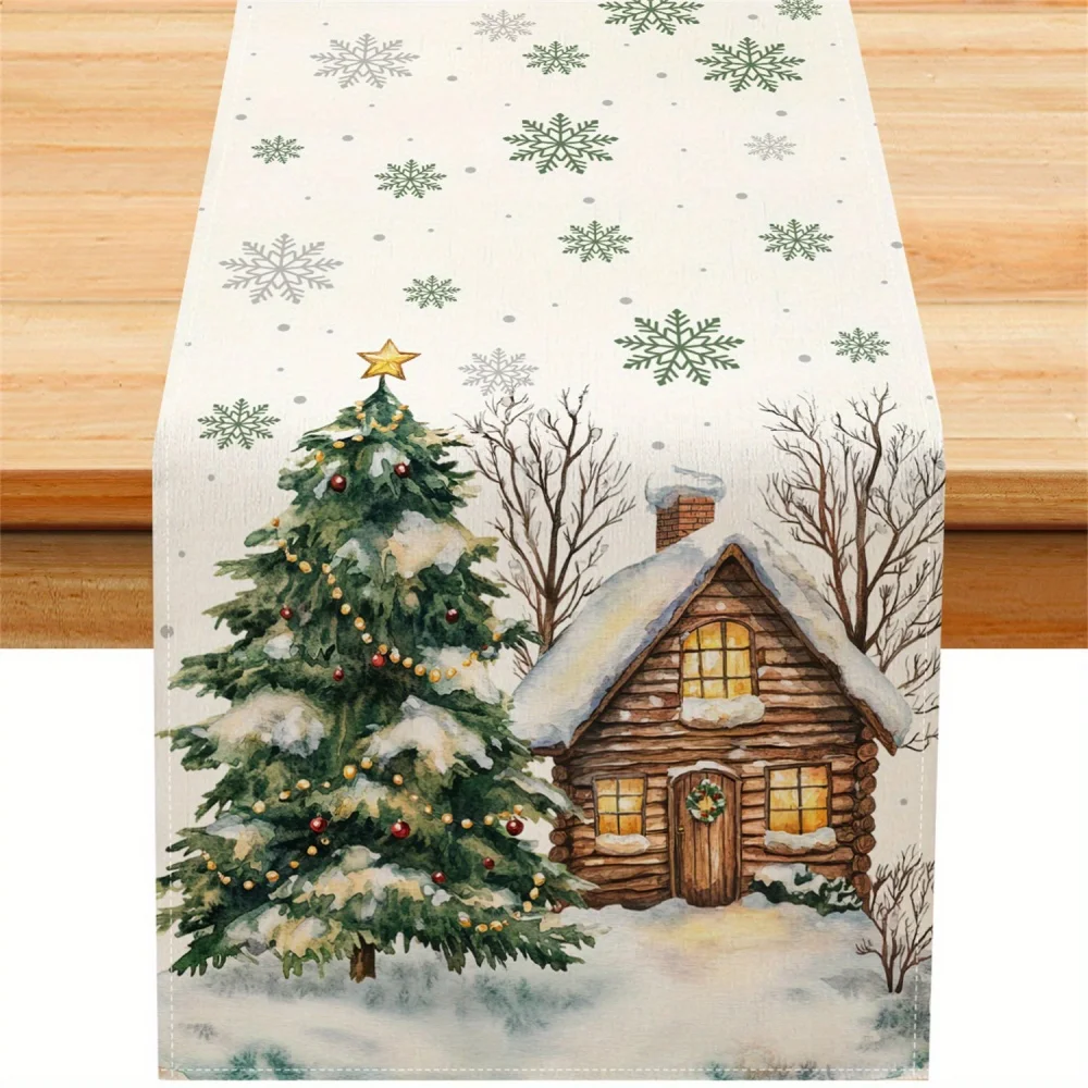 1 Stück moderner Wald-Schneeszene-Kabinenmuster-Tischläufer, Weihnachtsbaumschmuck, Schneeflockenzweig für Küche, Esszimmer, Zuhause