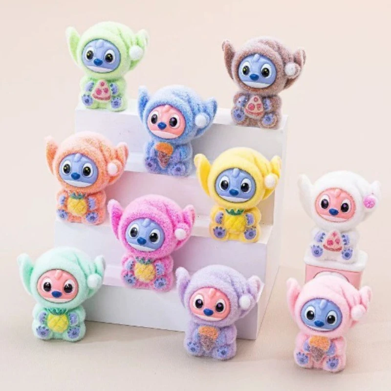 Nuevas existencias Miniso Stitch, minifigura bonita de resina flocada de felpa, llavero de caja ciega misteriosa, decoración de coche, juguete coleccionable DIY