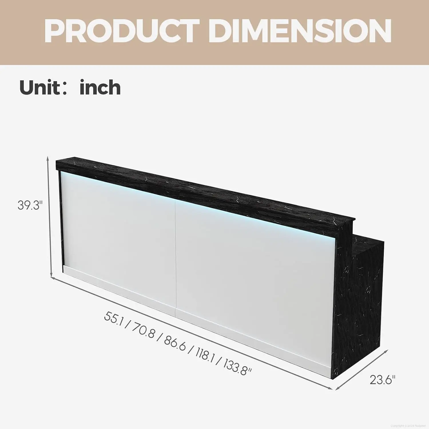 Black 71 Inch Modern Reception Desk LED Light Lockable Drawer Storage Shelves Front Counter Salon Spa Office Retail Store