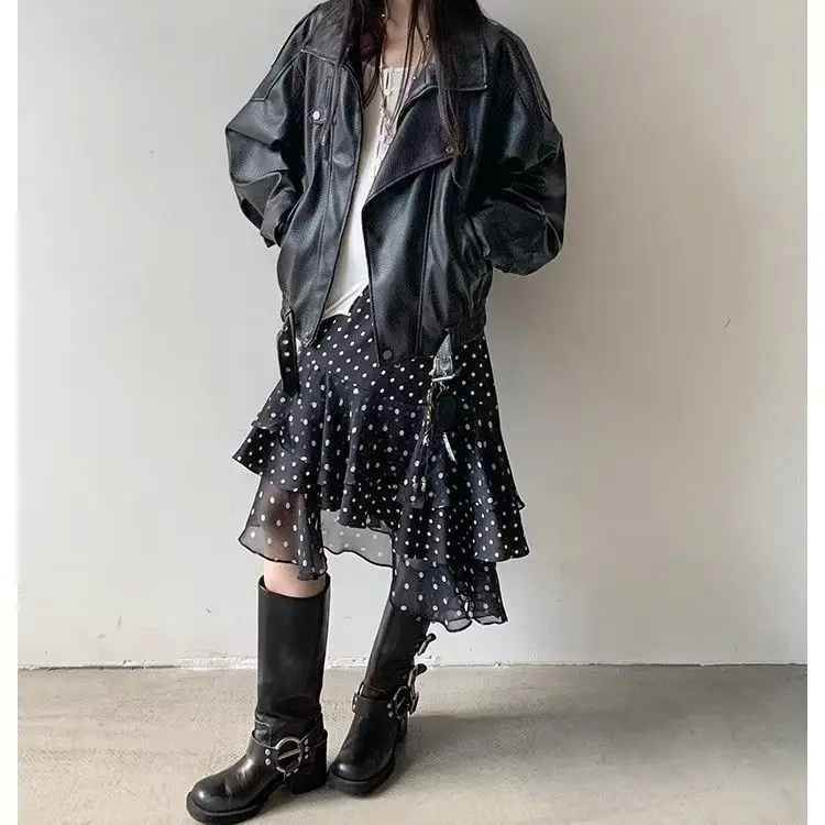 White Polka Dot Skirt with Ruffle Edge High Waist Skirt