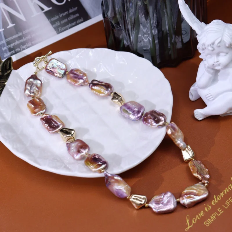 

017 Irregular Freshwater Pearl Set for Women, Colorful Baroque Pearl Necklace, Simple Fashion Metal Style Collarbone Chain