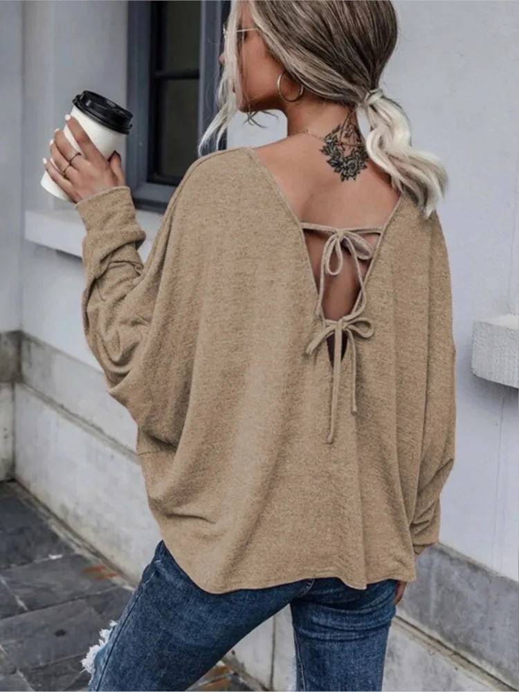 Spring Autumn Women's New Solid Color Loose Sexy Hollow Lace Open Back Shoulder Casual Comfortable Round Neck T-shirt