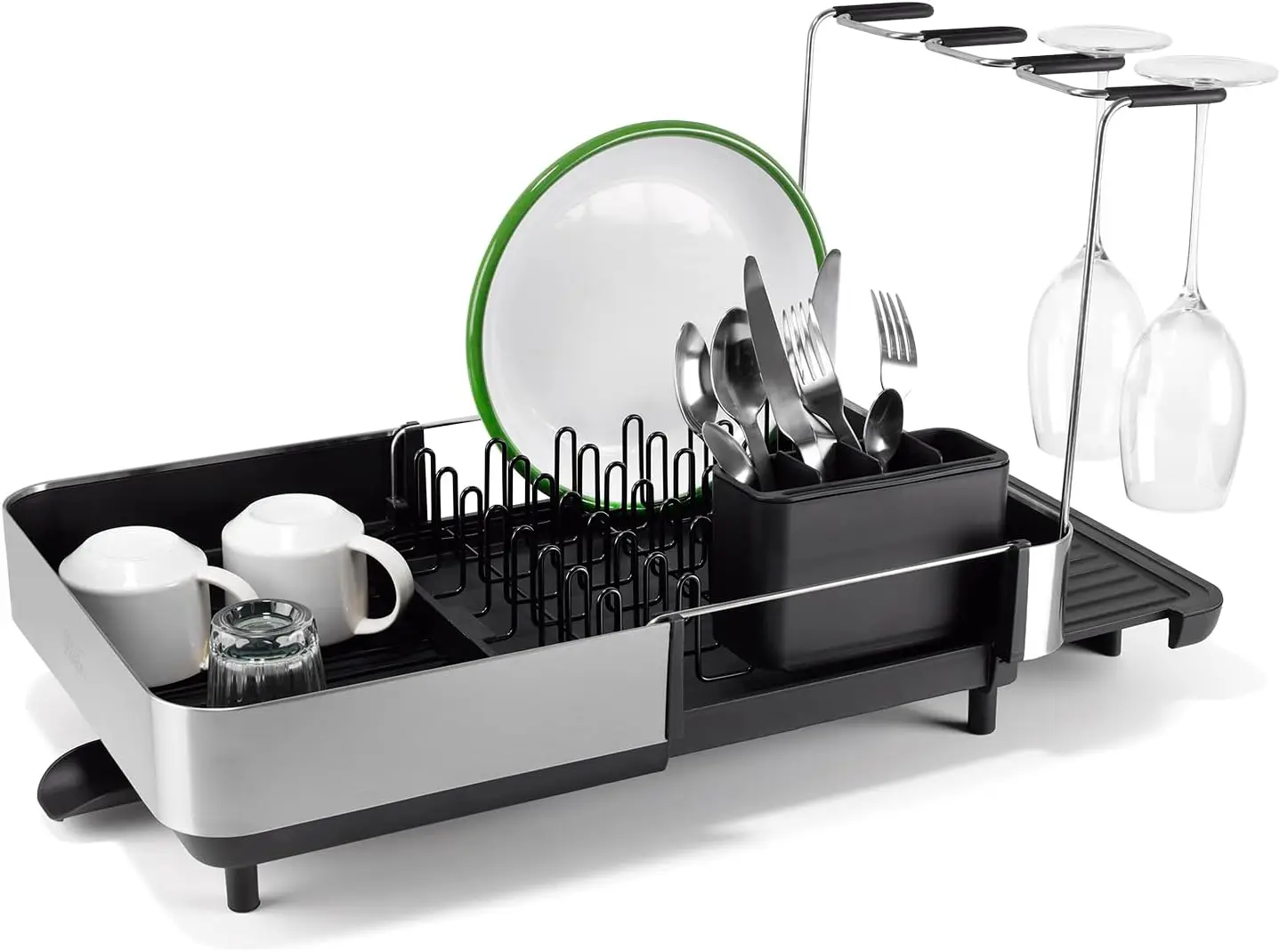 

Expandable Dish Rack with Wine Glass Holder, Steel Drainer for Small to Large Dishes, Black