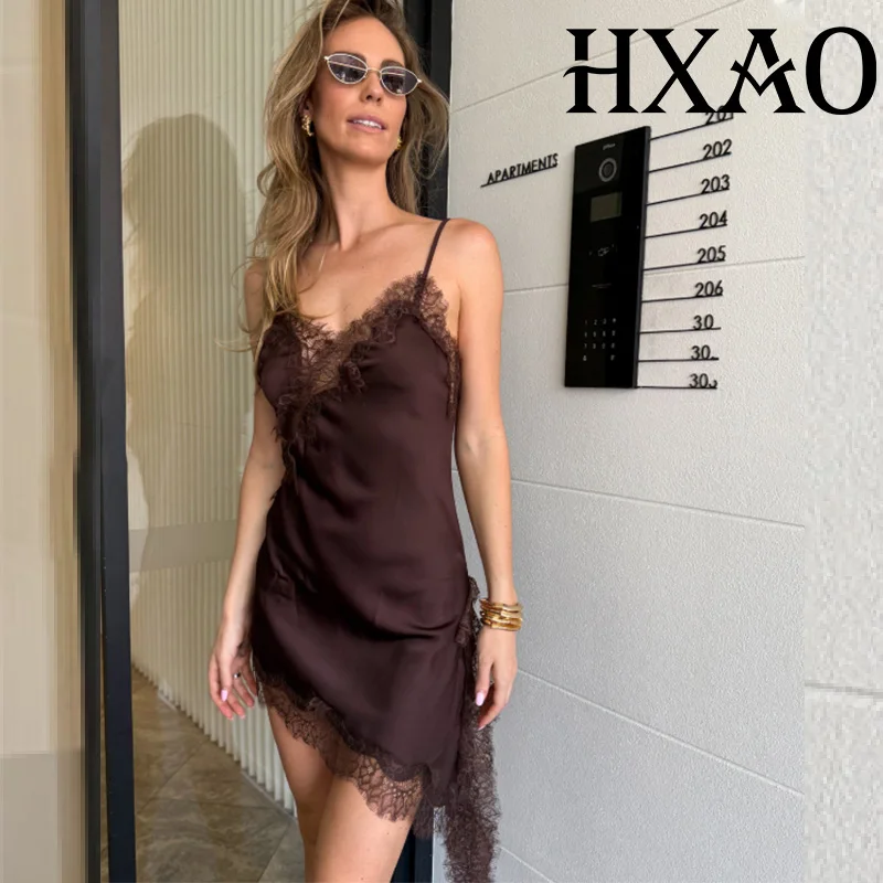 Sukienka koronkowa damska HXAO, satynowa sukienka na imprezę, sukienki damskie bez rękawów, żółta sukienka na Nowy Rok, asymetryczna sukienka bez pleców, seksowne sukienki.