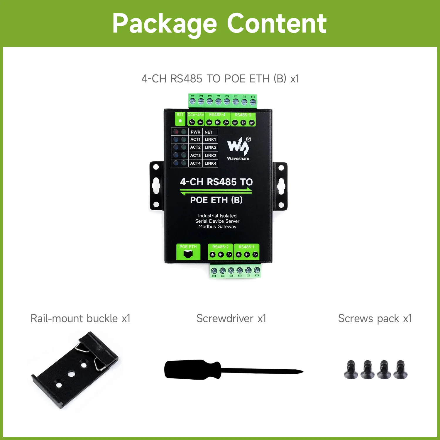 Waveshare 4-Ch RS485 to RJ45 Ethernet Serial Server, 4 Channels RS485 Independent Operation, Rail-mount Industrial Isolated