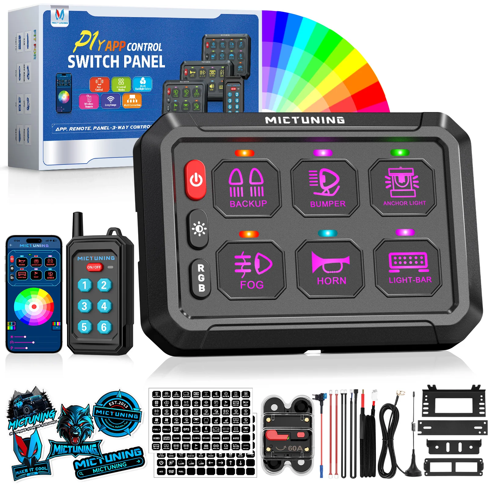 MICTUNING P1Y6/8/12Pods Switch Panel Wireless Remote App Control Circuit Box RGB Toggle Switch Control Relay System for Trucks