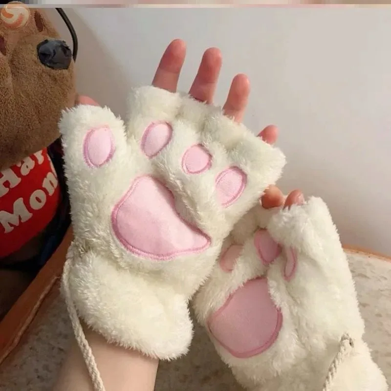 Cartoon Cute Cat Claw Paw Gloves Women Plush Mittens Warm Soft Plush Short Fingerless Fluffy Bear Cat Gloves Costume Half Finger