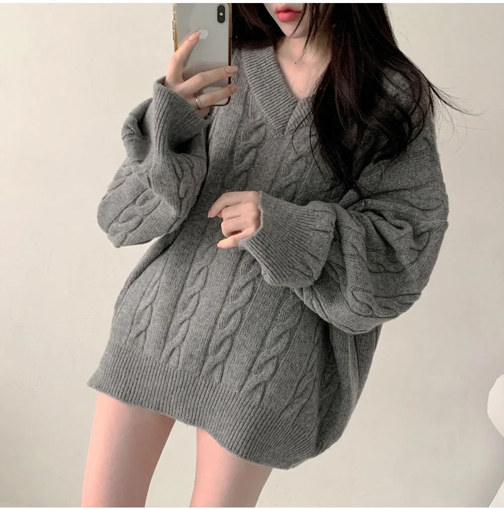 كوريا فضفاضة كسول الخريف والشتاء سترة برقبة على شكل v المرأة المقلية العجين التقلبات حفرة قطاع بسيط سميكة الحياكة