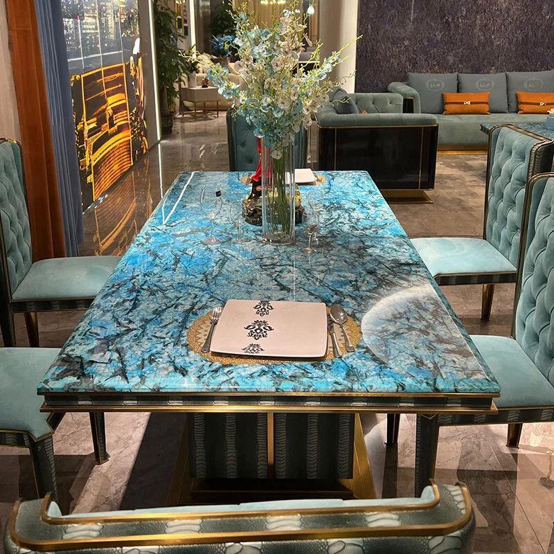 Luxury Italian marble snake pattern stainless steel rectangular dining table and chair set high-end customization