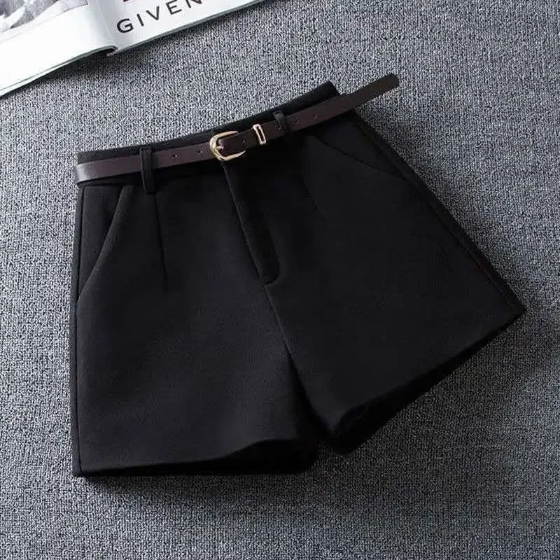 Autumn Winter Woolen Shorts Warm Comfortable Casual Elegant Wild Shorts with Belt New High Waist A-line Suit Wide Leg Pants