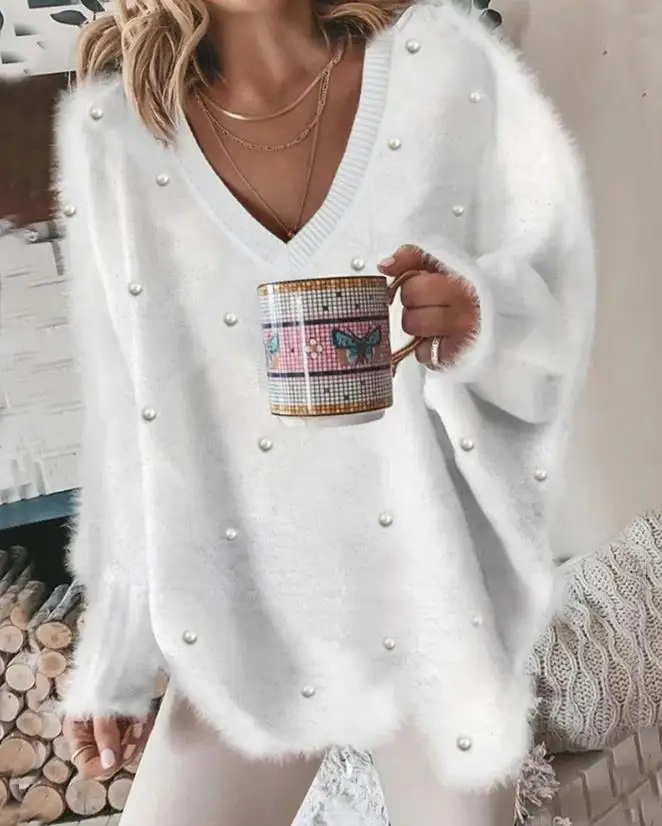 Women\'s Sweet Hoodie 2024 Autumn Winter Latest Casual V-Neck Beaded Long Sleeve Fluffy Top Loose and Comfortable Hairy Sweater