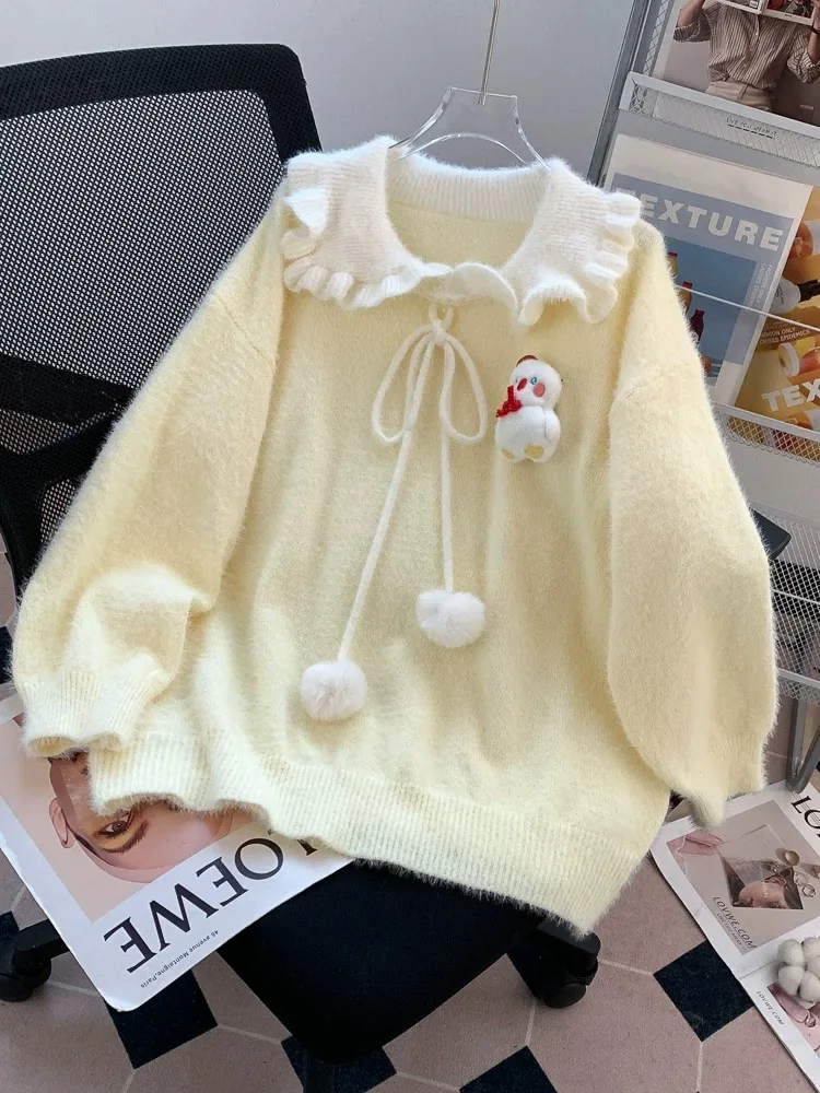 

Мягкий меховой вязаный свитер с кукольным воротником, женский осенне-зимний теплый пушистый сладкий топ, качество китайского производства