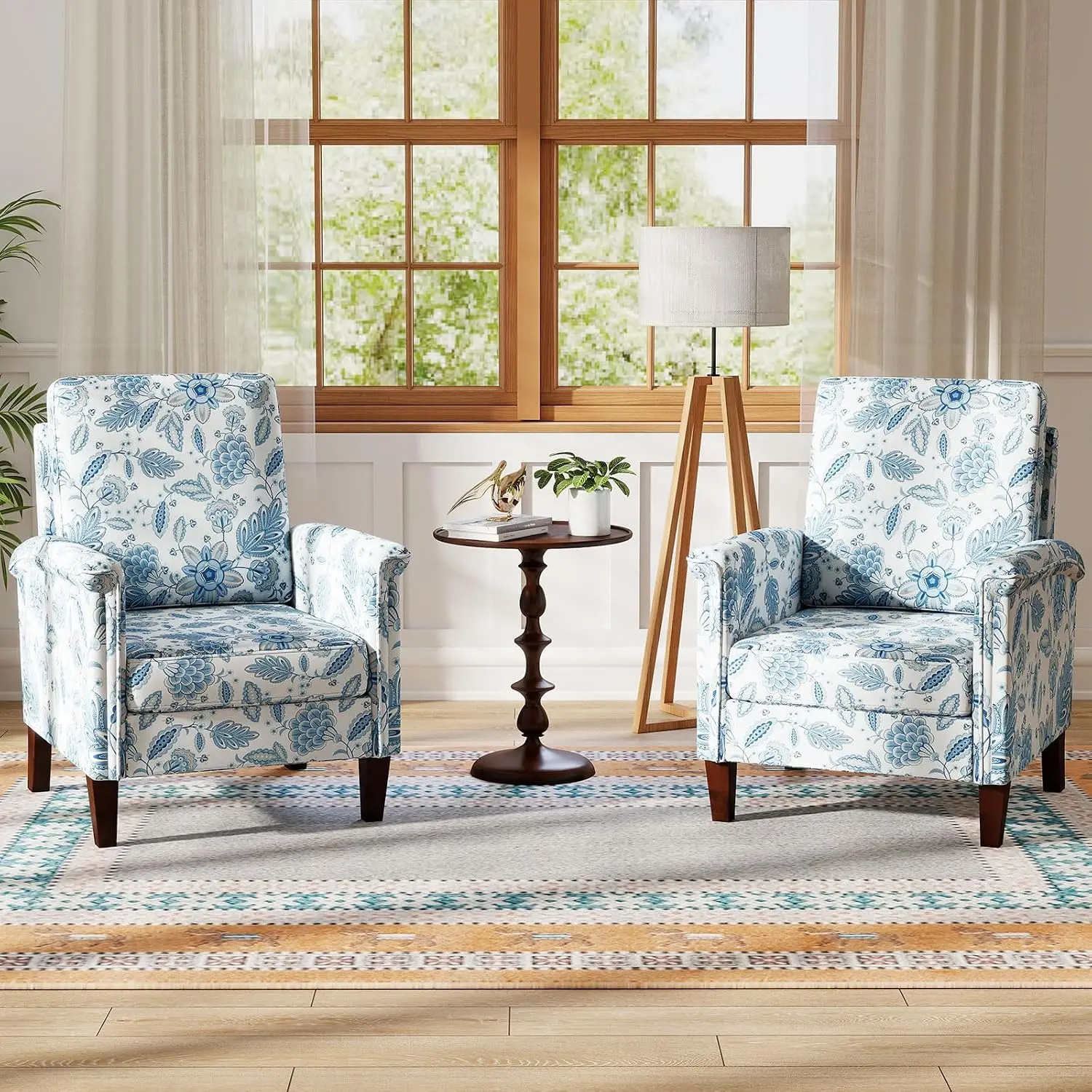 Mid Century Armchair Set of 2, Floral Pattern, Rubber Wood Legs & Removable Cushion, Single Sofa for Living Room Bedroom Office,