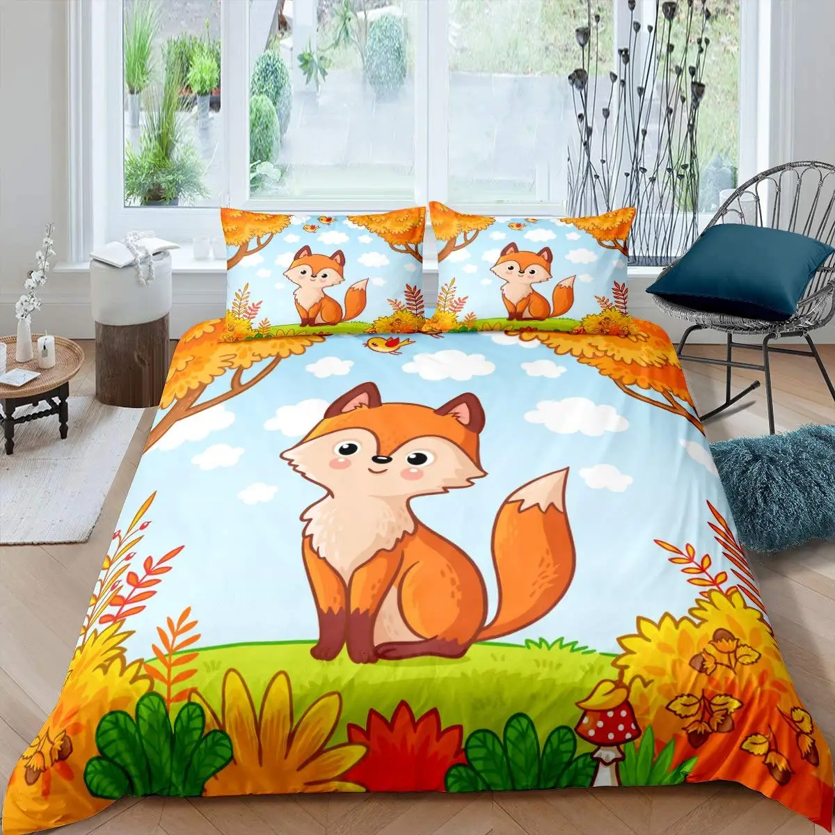 

Fox Duvet Cover Set Girls Cartoon Fox Bedding Set Lovely Animal Theme Comforter Cover For Kids Teens King Quilt Cover