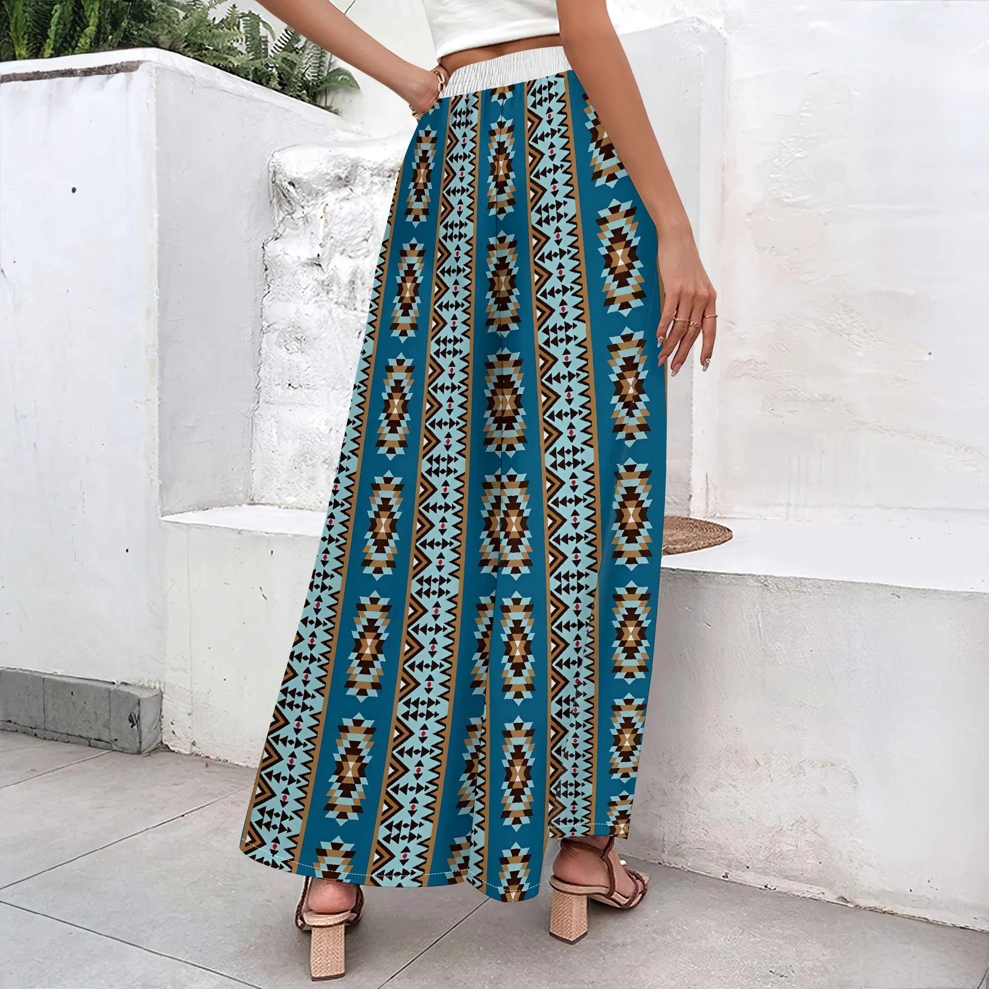 Dameskleding 2025, lente/zomer nieuw item op maat casual slim fit bloemen midden taille modieuze wijde pijpen broek strandbroek laag