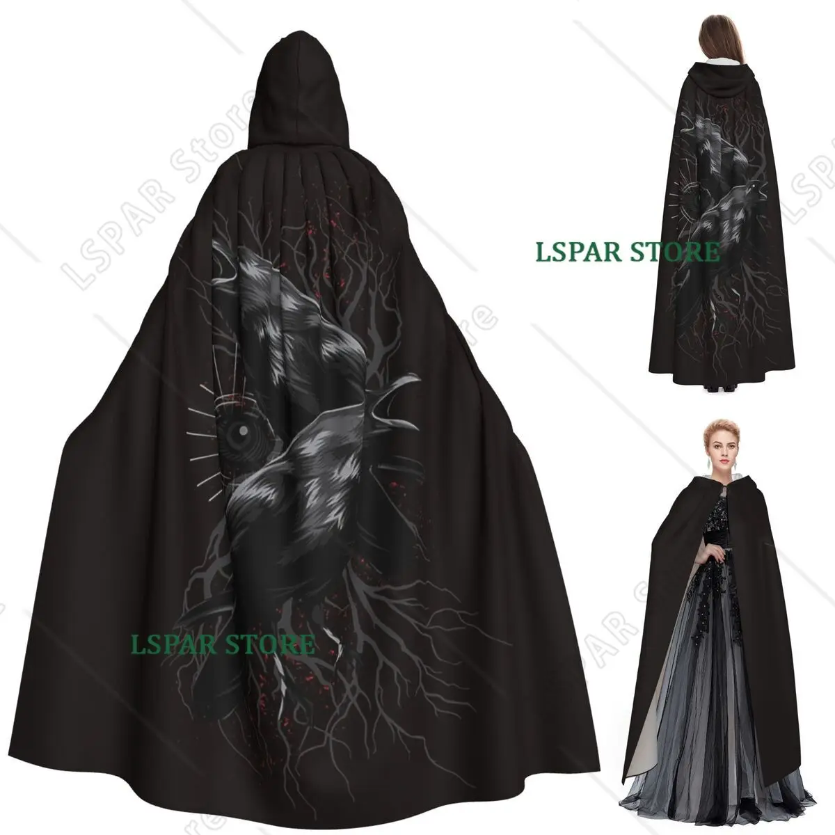 Raven Of Wisdom Long Hooded Cloak Witch Medieval Costume Cosplay Cape HalloweenVampire Adult Unisex
