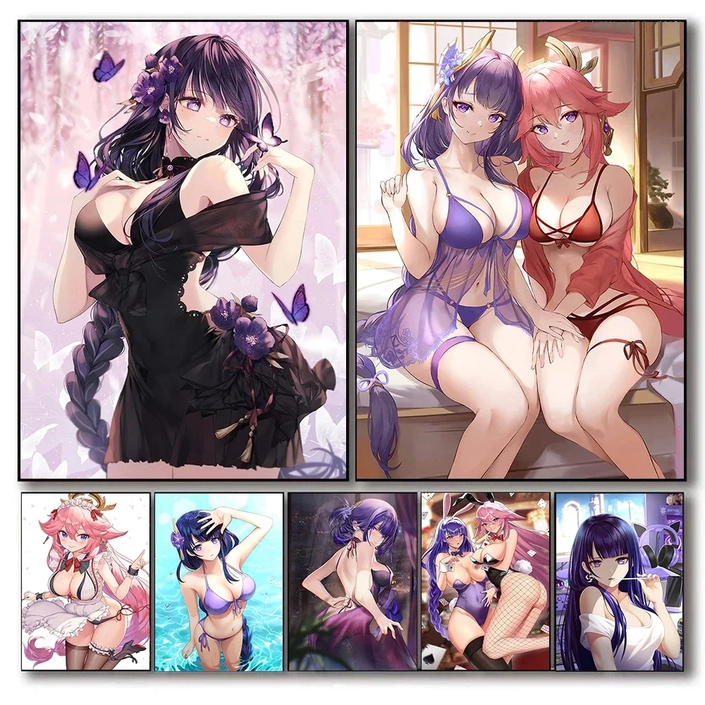 Аниме постеры Genshin Impact сексуальный Райден шогун ия Мико Картина на холсте настенное искусство ролевая игра для мальчика спальня домашний Декор без рамки