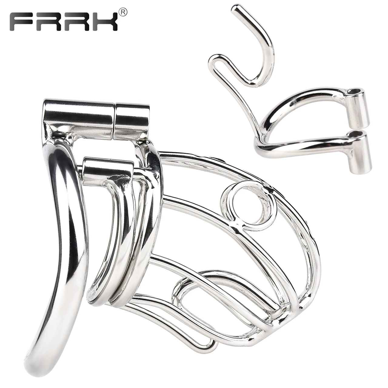 FRRK Stainless Steel Line Male Chastity Cage With Removable Vertical p.a. Penis Piercing Penis Rings For Man Gay 18+