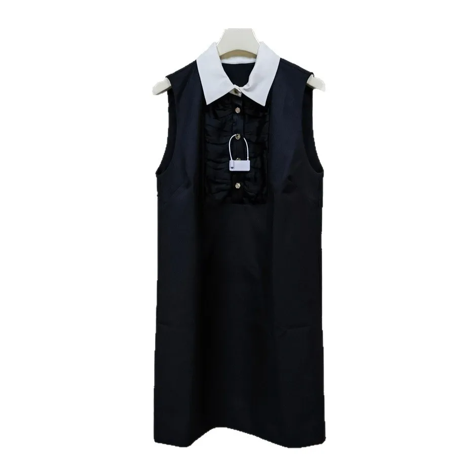 【هدية مجانية】 فستان فرنسي متخصص لخريف وشتاء 2025 بياقة قميص متباينة مكشكش بدون أكمام فستان سترة مستقيمة #5